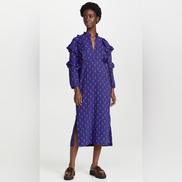 NWT Baum Und Pferdgarten Ahadi Long Sleeve Ruffle Midi Dress 36 Blue Floral - Picture 16 of 16